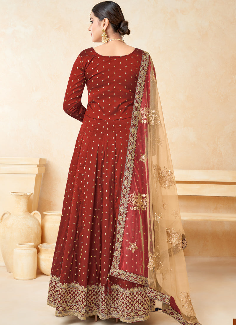 Vegaa Fashion Designer Red Tafeta Silk Embroidery Anarkali Suit | Grocsy