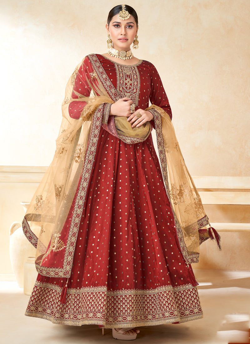 Vegaa Fashion Designer Red Tafeta Silk Embroidery Anarkali Suit | Grocsy