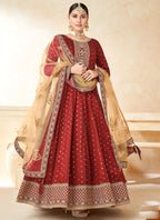 Vegaa Fashion Designer Red Tafeta Silk Embroidery Anarkali Suit | Grocsy