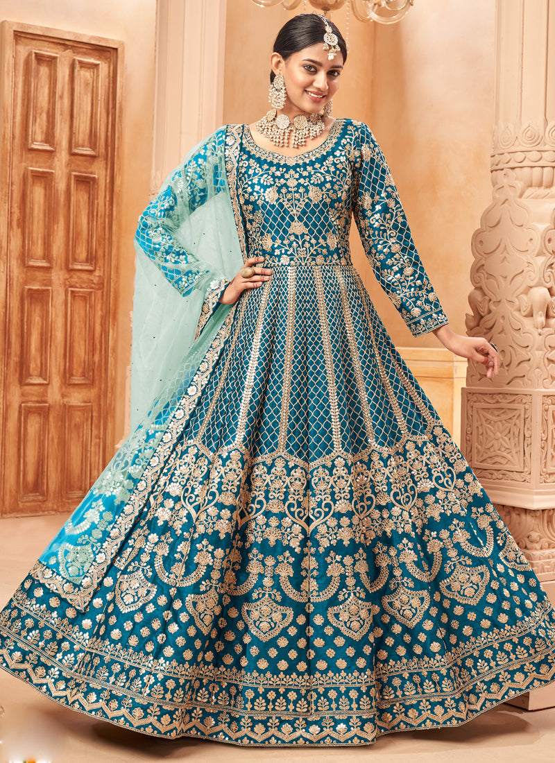 Vegaa Fashion Designer Turquoise Art Silk Embroidery Anarkali Suit | Grocsy