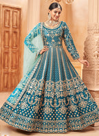 Vegaa Fashion Designer Turquoise Art Silk Embroidery Anarkali Suit | Grocsy