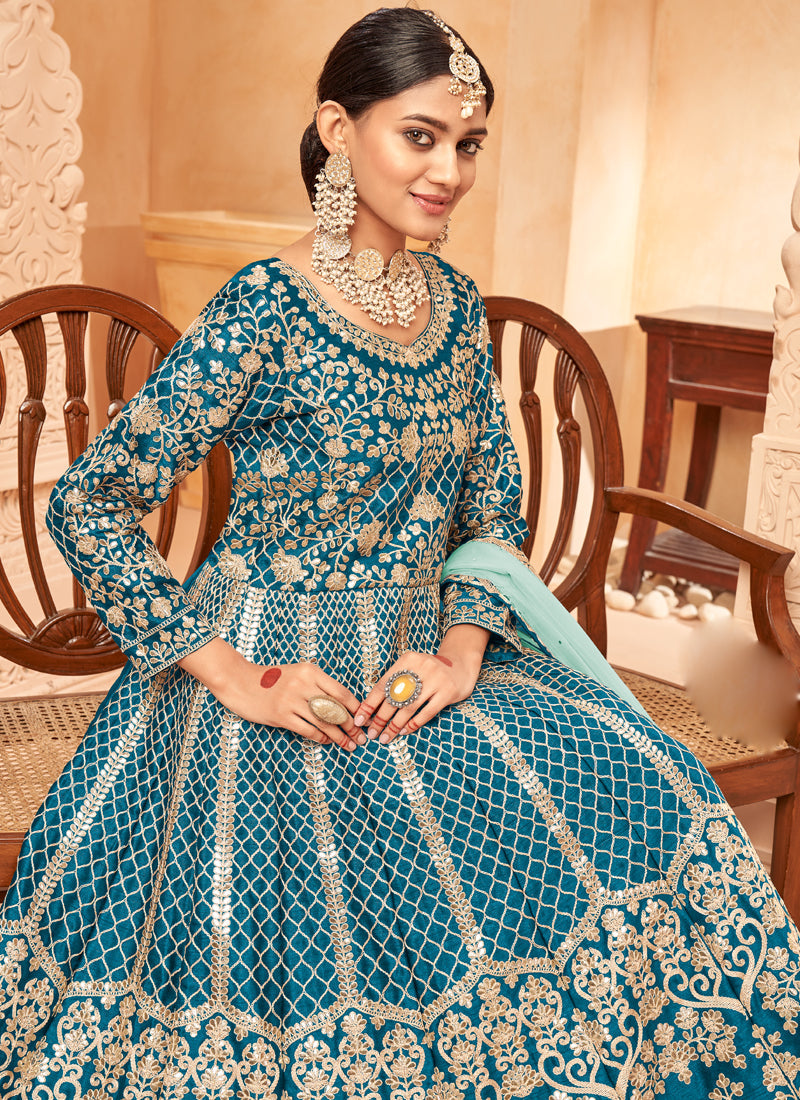 Vegaa Fashion Designer Turquoise Art Silk Embroidery Anarkali Suit | Grocsy