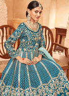 Vegaa Fashion Designer Turquoise Art Silk Embroidery Anarkali Suit | Grocsy