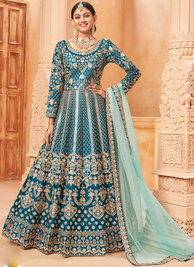 Vegaa Fashion Designer Turquoise Art Silk Embroidery Anarkali Suit | Grocsy