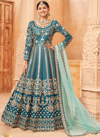 Vegaa Fashion Designer Turquoise Art Silk Embroidery Anarkali Suit | Grocsy