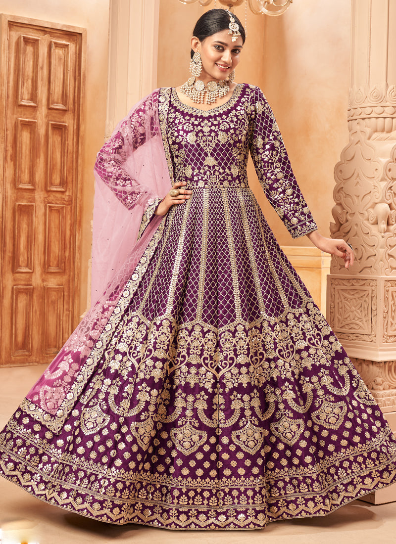 Vegaa Fashion Designer Wine Art Silk Embroidery Anarkali Suit | Grocsy