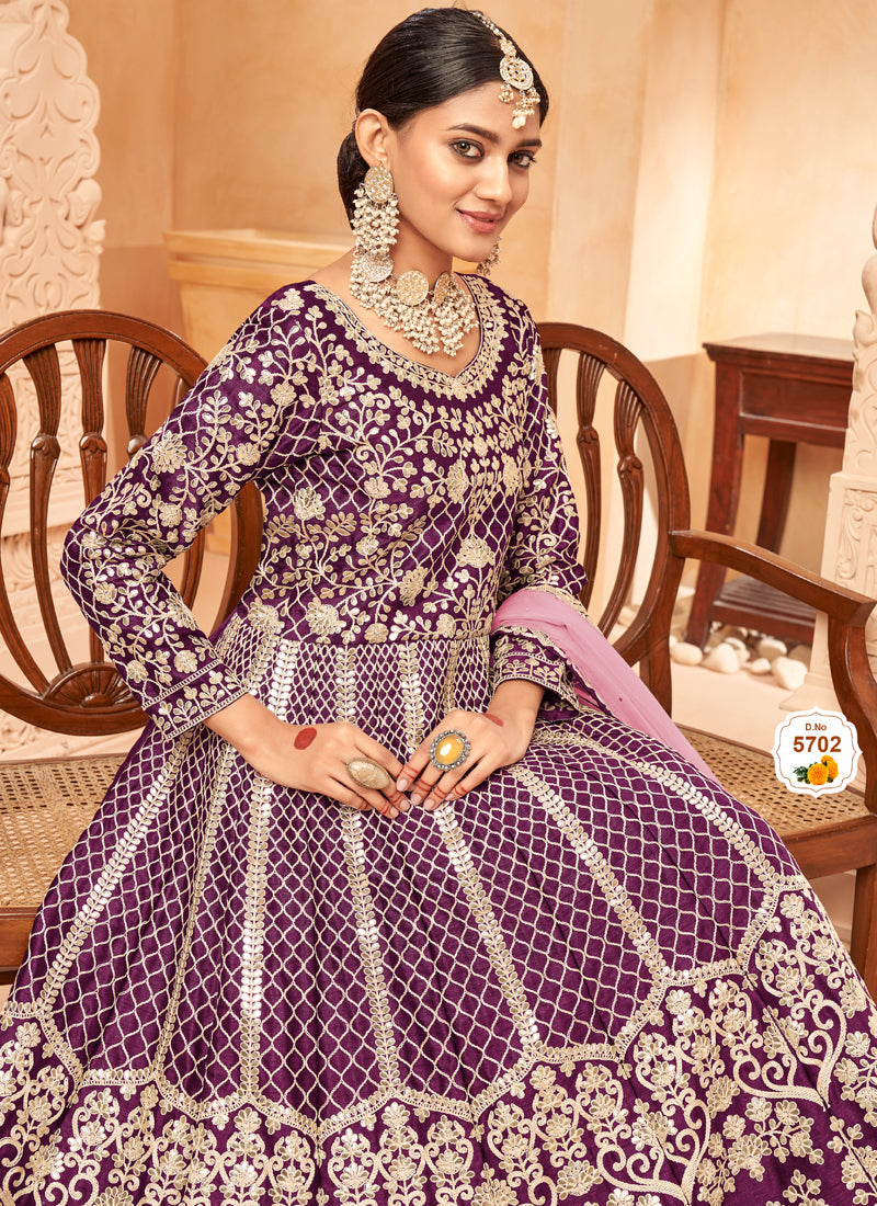 Vegaa Fashion Designer Wine Art Silk Embroidery Anarkali Suit | Grocsy