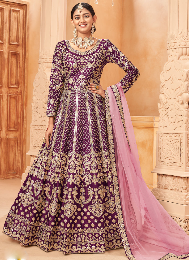 Vegaa Fashion Designer Wine Art Silk Embroidery Anarkali Suit | Grocsy