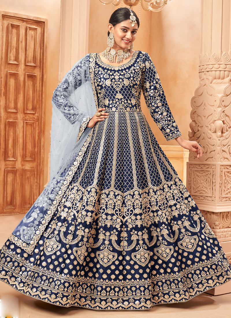 Vegaa Fashion Designer Navy Blue Art Silk Embroidery Anarkali Suit | Grocsy
