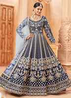 Vegaa Fashion Designer Navy Blue Art Silk Embroidery Anarkali Suit | Grocsy