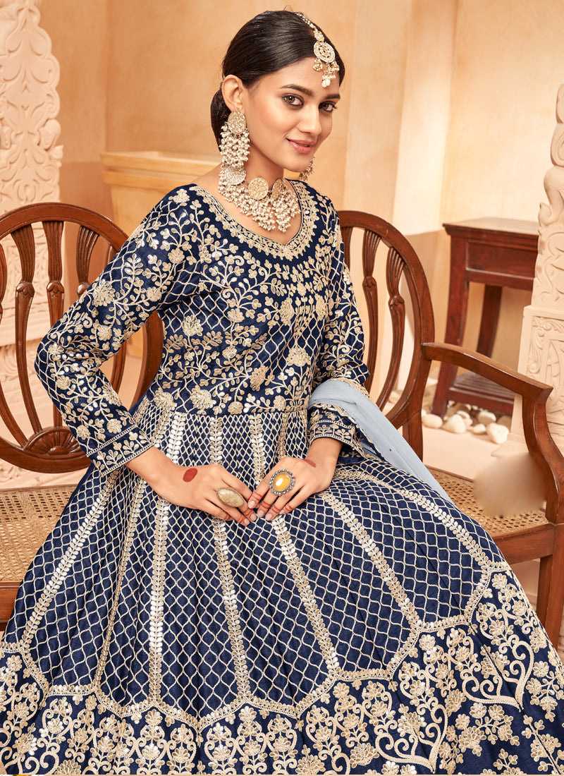 Vegaa Fashion Designer Navy Blue Art Silk Embroidery Anarkali Suit | Grocsy