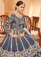 Vegaa Fashion Designer Navy Blue Art Silk Embroidery Anarkali Suit | Grocsy