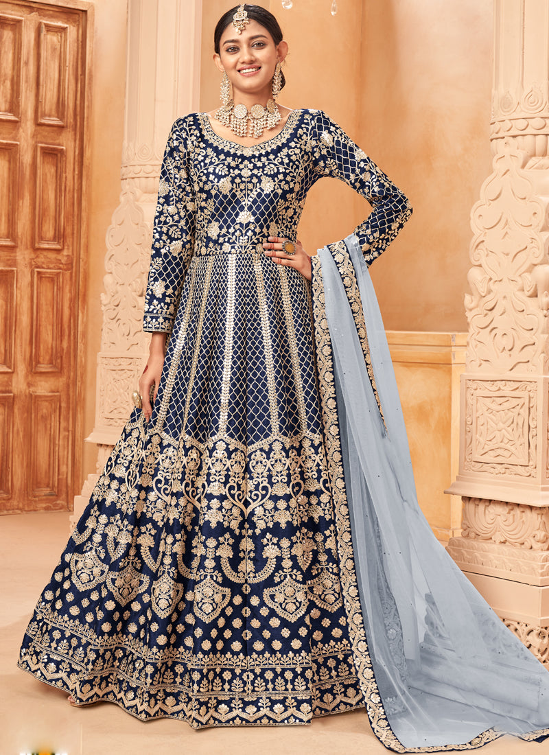 Vegaa Fashion Designer Navy Blue Art Silk Embroidery Anarkali Suit | Grocsy