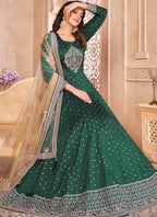 Vegaa Fashion Designer Green Tafeta Silk Embroidery Anarkali Suit | Grocsy