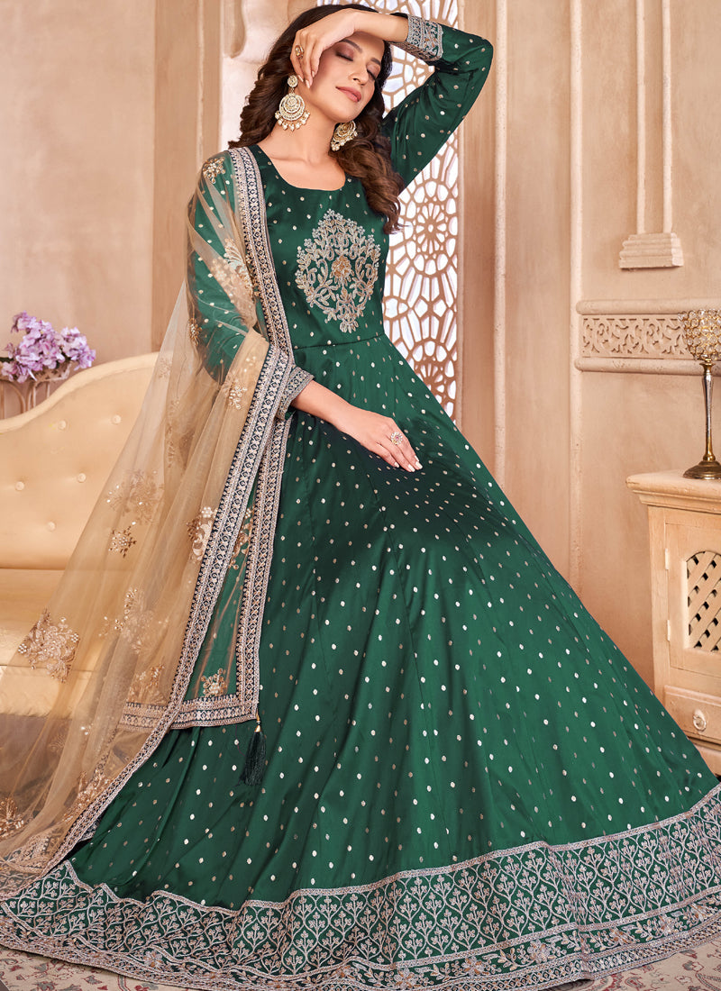 Vegaa Fashion Designer Green Tafeta Silk Embroidery Anarkali Suit | Grocsy