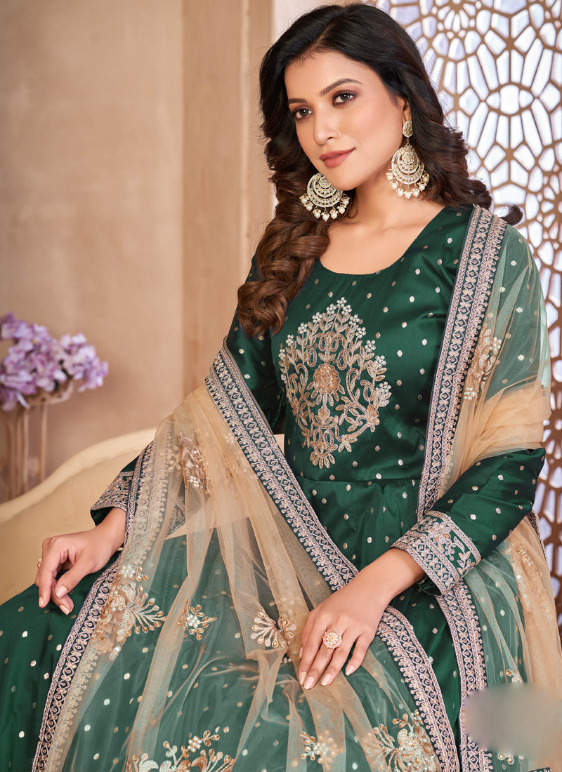 Vegaa Fashion Designer Green Tafeta Silk Embroidery Anarkali Suit | Grocsy