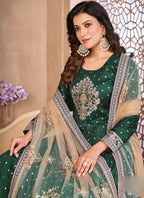 Vegaa Fashion Designer Green Tafeta Silk Embroidery Anarkali Suit | Grocsy