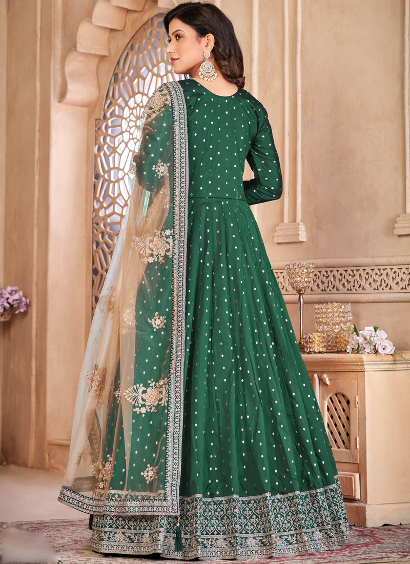 Vegaa Fashion Designer Green Tafeta Silk Embroidery Anarkali Suit | Grocsy