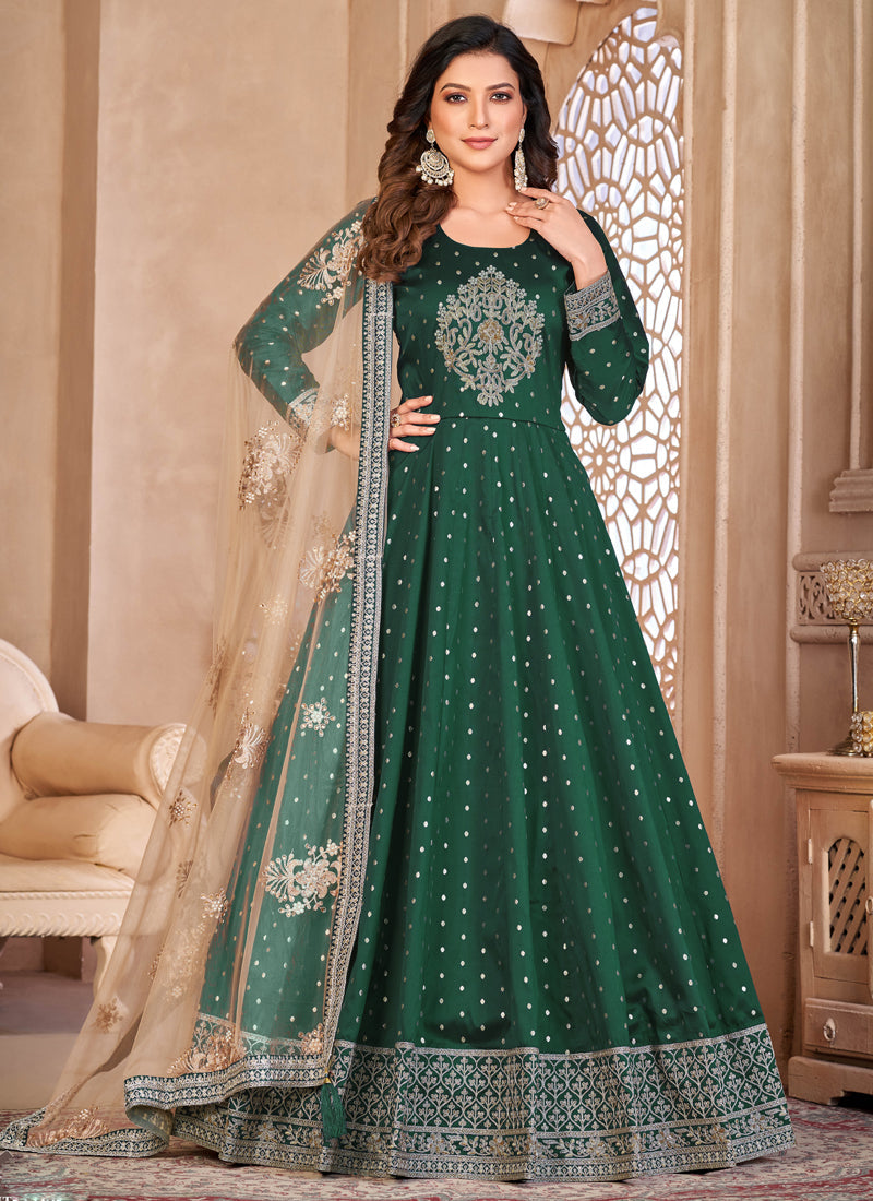 Vegaa Fashion Designer Green Tafeta Silk Embroidery Anarkali Suit | Grocsy