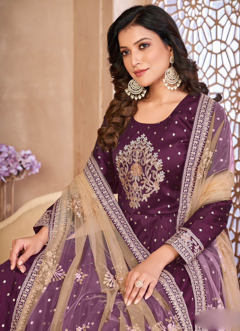 Vegaa Fashion Designer Viiolet Tafeta Silk Embroidery Anarkali Suit | Grocsy