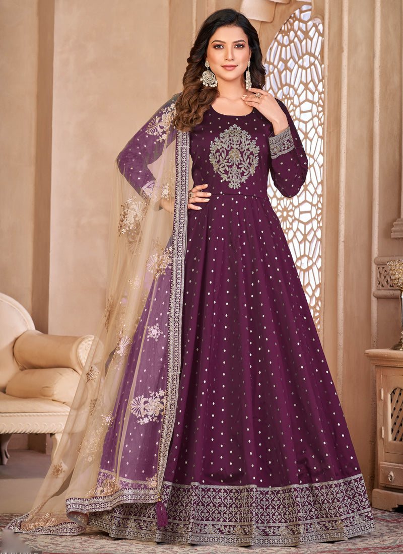 Vegaa Fashion Designer Viiolet Tafeta Silk Embroidery Anarkali Suit | Grocsy