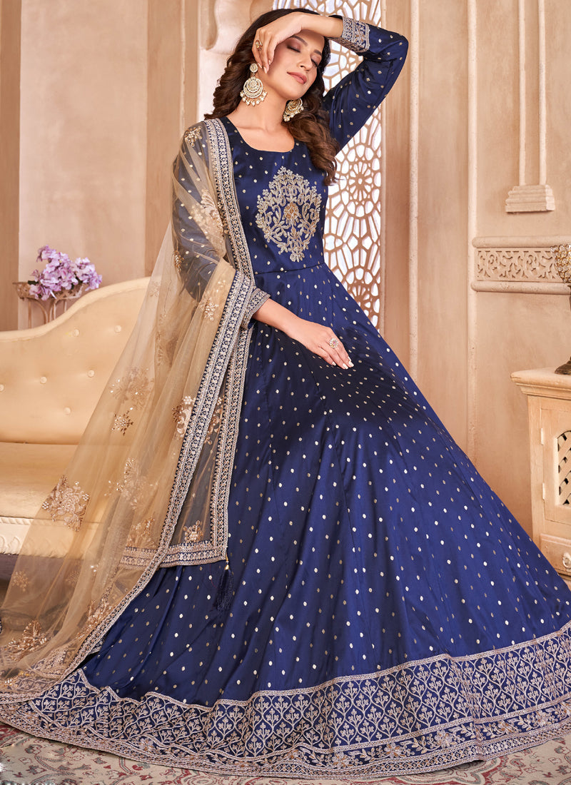 Vegaa Fashion Designer Navy Blue Tafeta Silk Embroidery Anarkali Suit | Grocsy