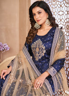 Vegaa Fashion Designer Navy Blue Tafeta Silk Embroidery Anarkali Suit | Grocsy