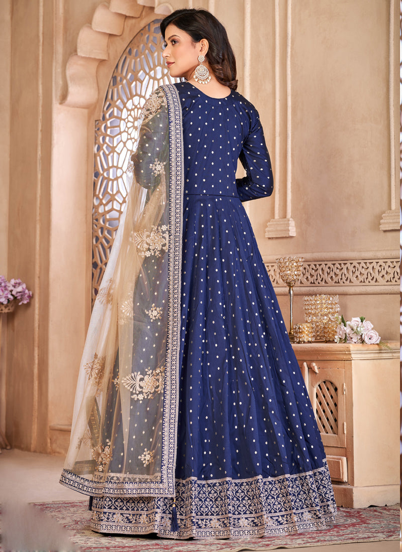 Vegaa Fashion Designer Navy Blue Tafeta Silk Embroidery Anarkali Suit | Grocsy