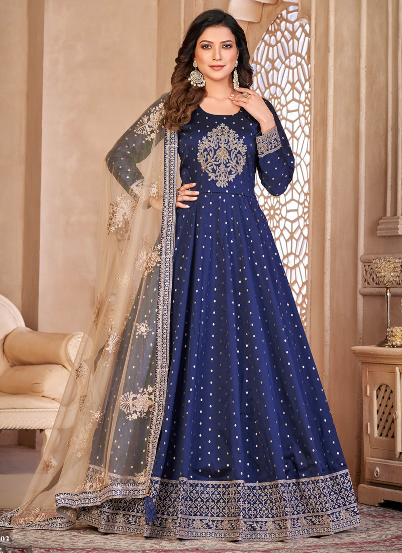 Vegaa Fashion Designer Navy Blue Tafeta Silk Embroidery Anarkali Suit | Grocsy