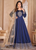 Vegaa Fashion Designer Navy Blue Tafeta Silk Embroidery Anarkali Suit | Grocsy