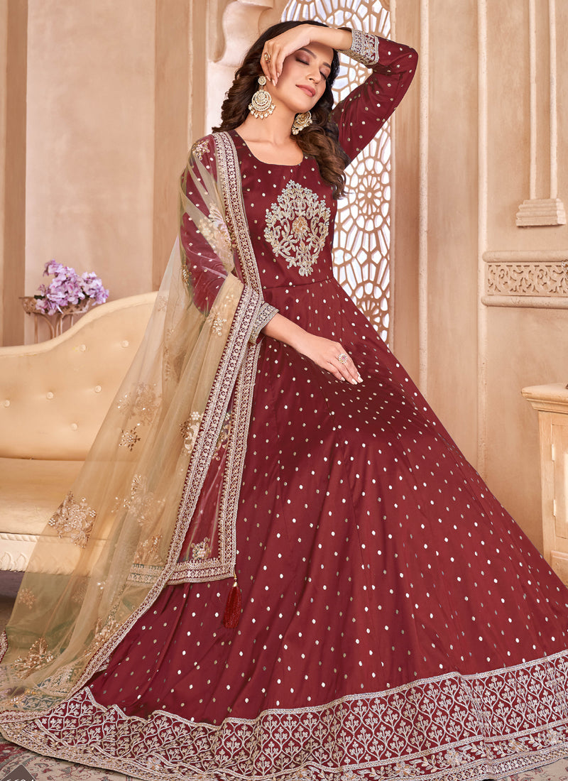 Vegaa Fashion Designer Maroon Tafeta Silk Embroidery Anarkali Suit | Grocsy
