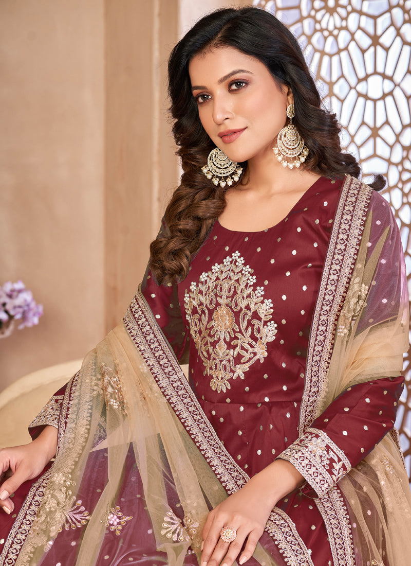 Vegaa Fashion Designer Maroon Tafeta Silk Embroidery Anarkali Suit | Grocsy