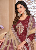 Vegaa Fashion Designer Maroon Tafeta Silk Embroidery Anarkali Suit | Grocsy