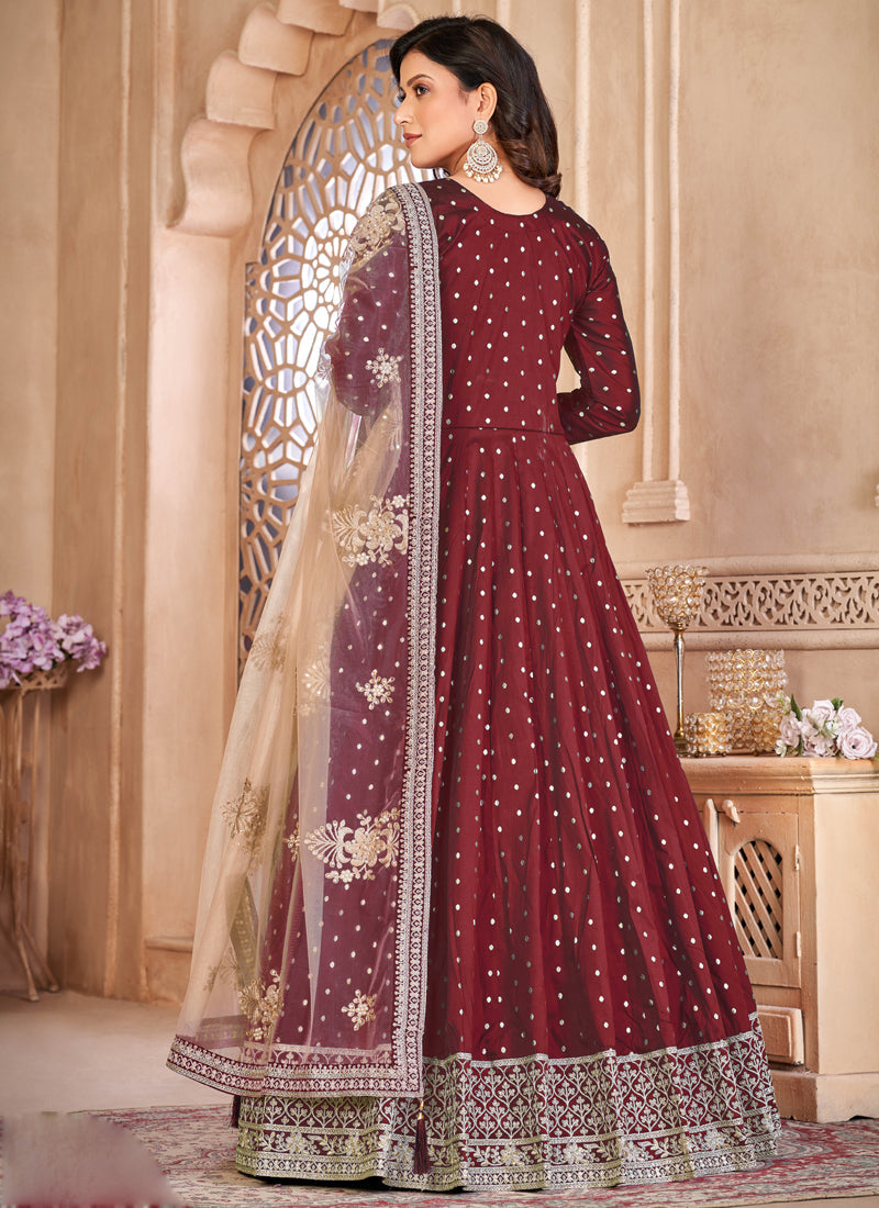 Vegaa Fashion Designer Maroon Tafeta Silk Embroidery Anarkali Suit | Grocsy