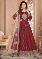 Vegaa Fashion Designer Maroon Tafeta Silk Embroidery Anarkali Suit | Grocsy