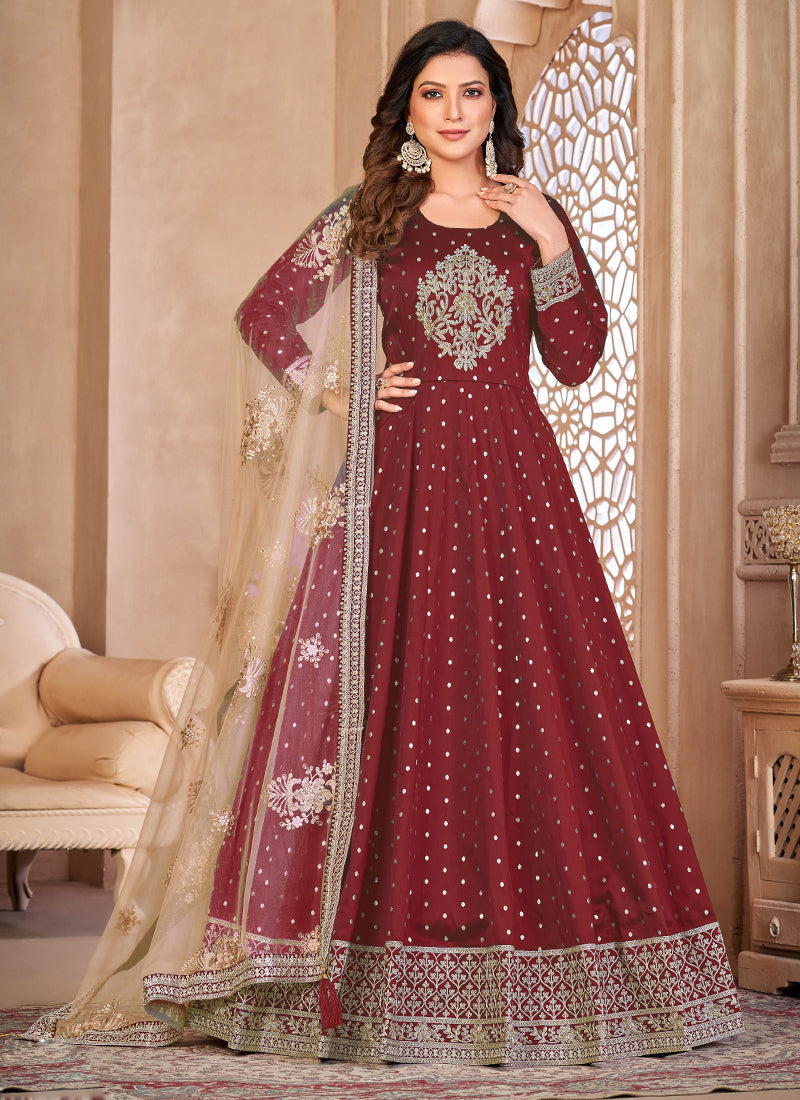 Vegaa Fashion Designer Maroon Tafeta Silk Embroidery Anarkali Suit | Grocsy