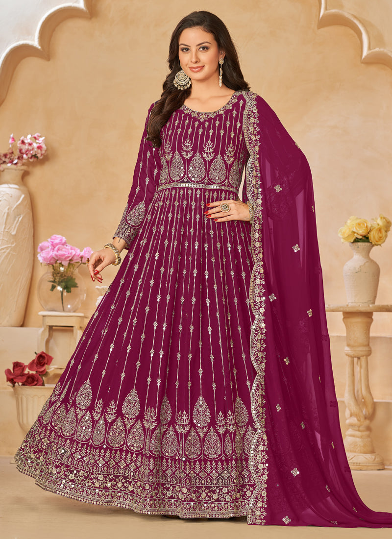 Vegaa Fashion Designer Purple Geoegette Embroidery Anarkali Suit | Grocsy