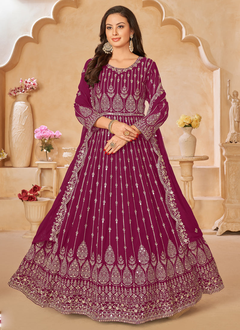 Vegaa Fashion Designer Purple Geoegette Embroidery Anarkali Suit | Grocsy