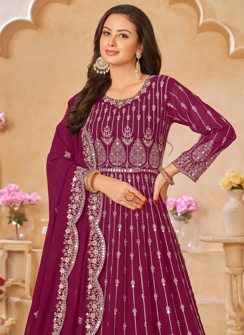 Vegaa Fashion Designer Purple Geoegette Embroidery Anarkali Suit | Grocsy