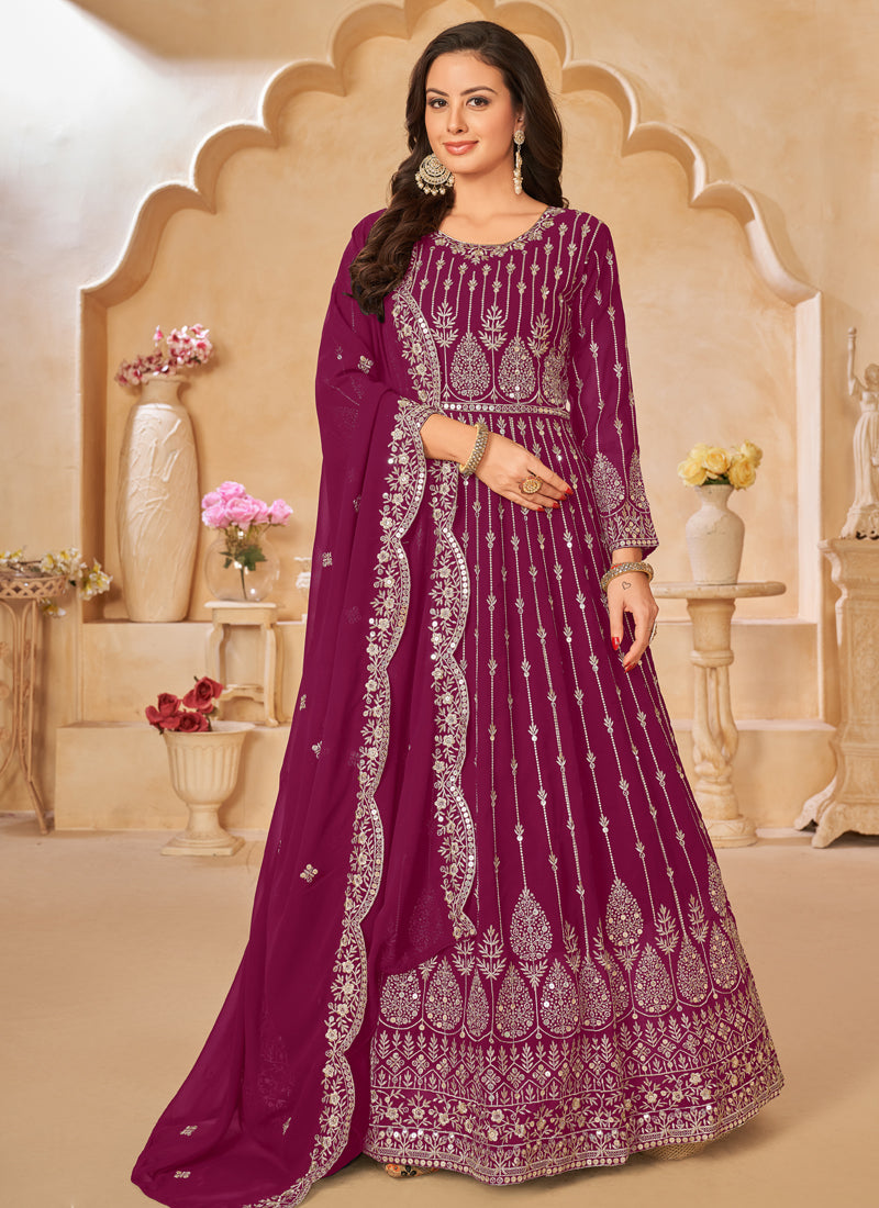 Vegaa Fashion Designer Purple Geoegette Embroidery Anarkali Suit | Grocsy