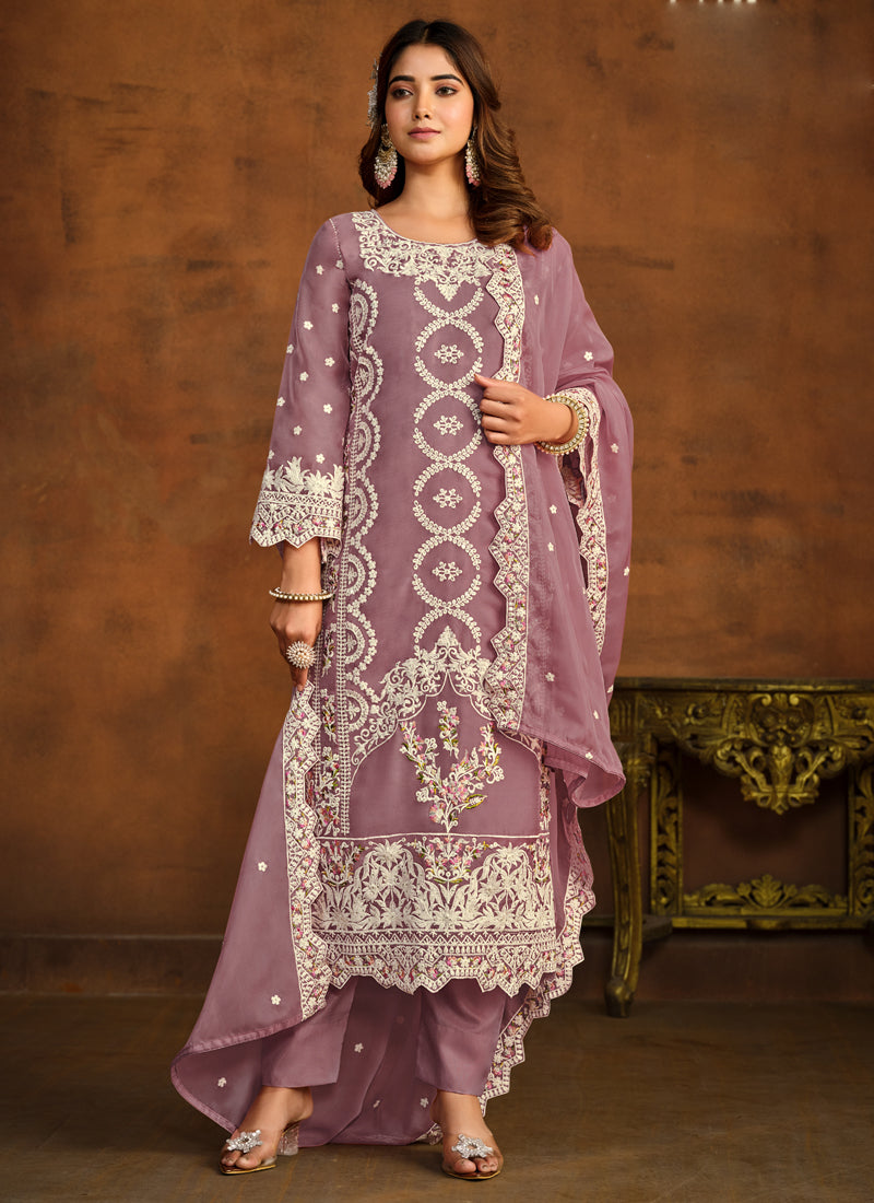 Vegaa Fashion Designer Onion Pink Soft Organza Embroidery Salwar Suit | Grocsy
