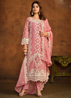 Vegaa Fashion Designer Peach Soft Organza Embroidery Salwar Suit | Grocsy