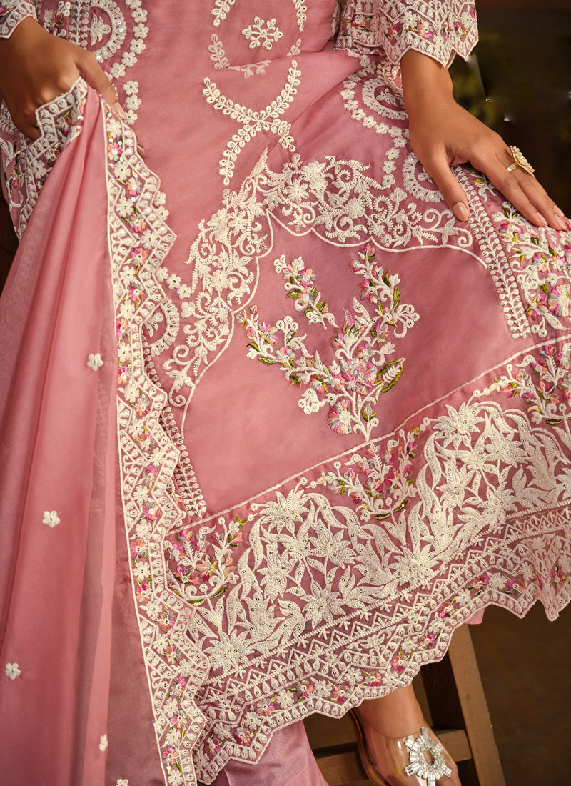Vegaa Fashion Designer Peach Soft Organza Embroidery Salwar Suit | Grocsy