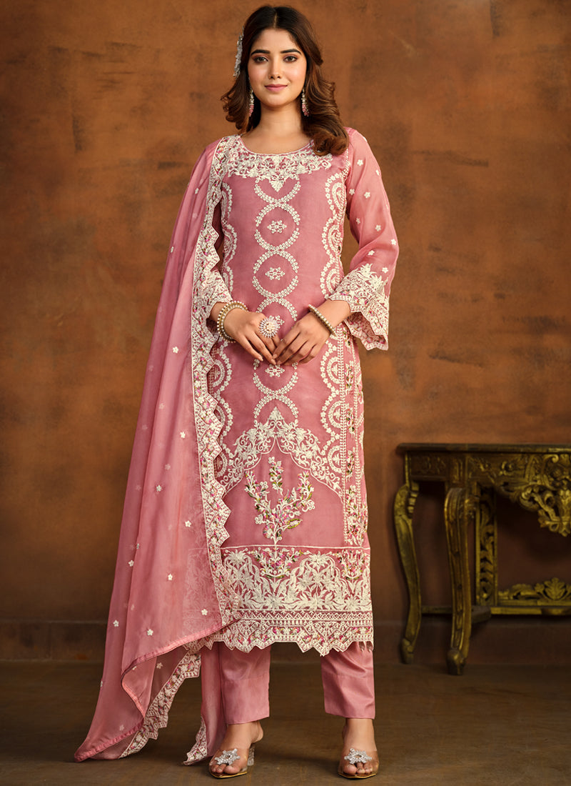 Vegaa Fashion Designer Peach Soft Organza Embroidery Salwar Suit | Grocsy