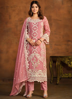 Vegaa Fashion Designer Peach Soft Organza Embroidery Salwar Suit | Grocsy