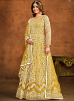Vegaa Fashion Designer Yellow Net Embroidery Anarkali Suit | Grocsy