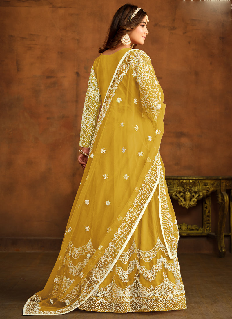Vegaa Fashion Designer Yellow Net Embroidery Anarkali Suit | Grocsy