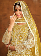 Vegaa Fashion Designer Yellow Net Embroidery Anarkali Suit | Grocsy