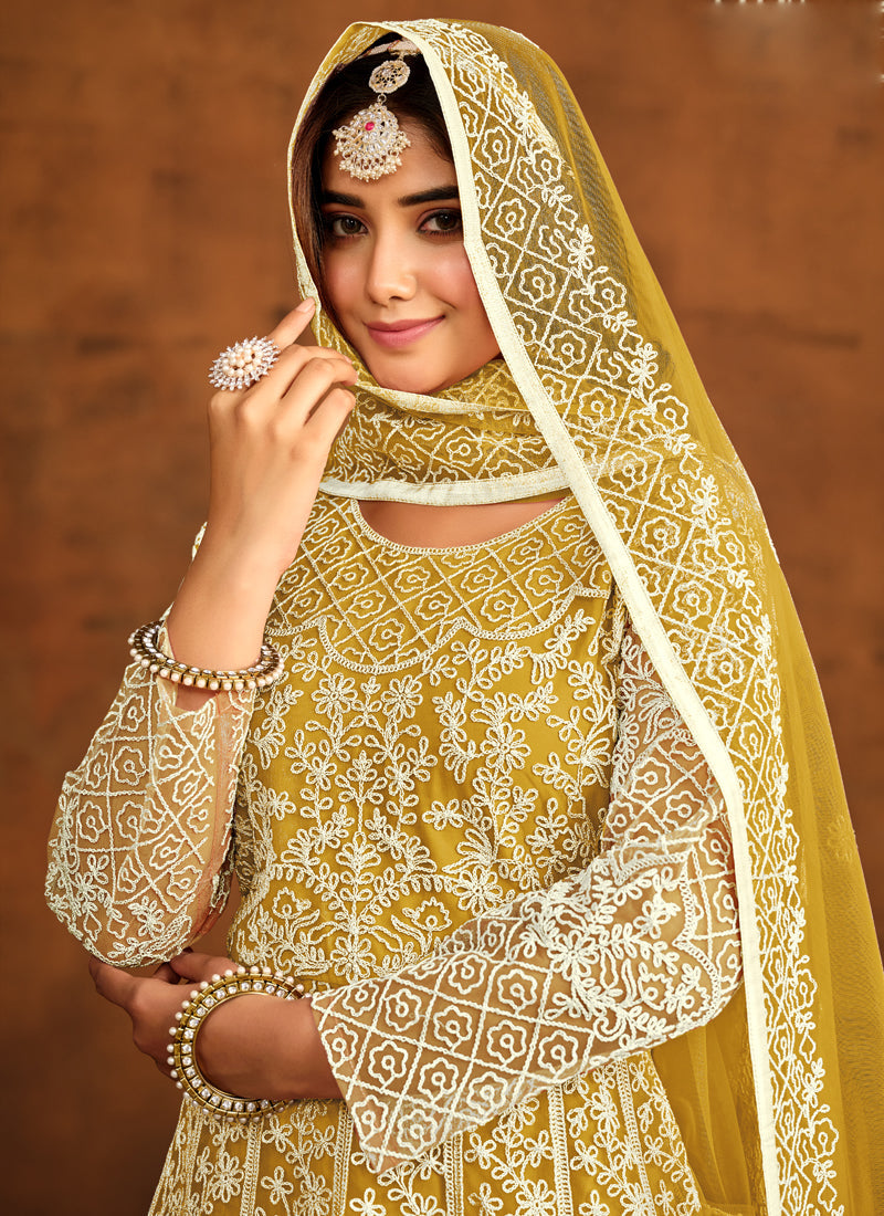 Vegaa Fashion Designer Yellow Net Embroidery Anarkali Suit | Grocsy