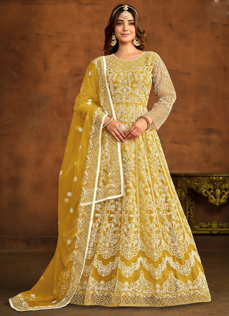 Vegaa Fashion Designer Yellow Net Embroidery Anarkali Suit | Grocsy